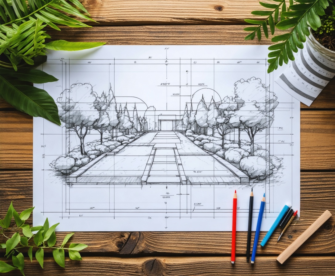 Профессиональный чертеж ландшафтного дизайна на деревянном столе
