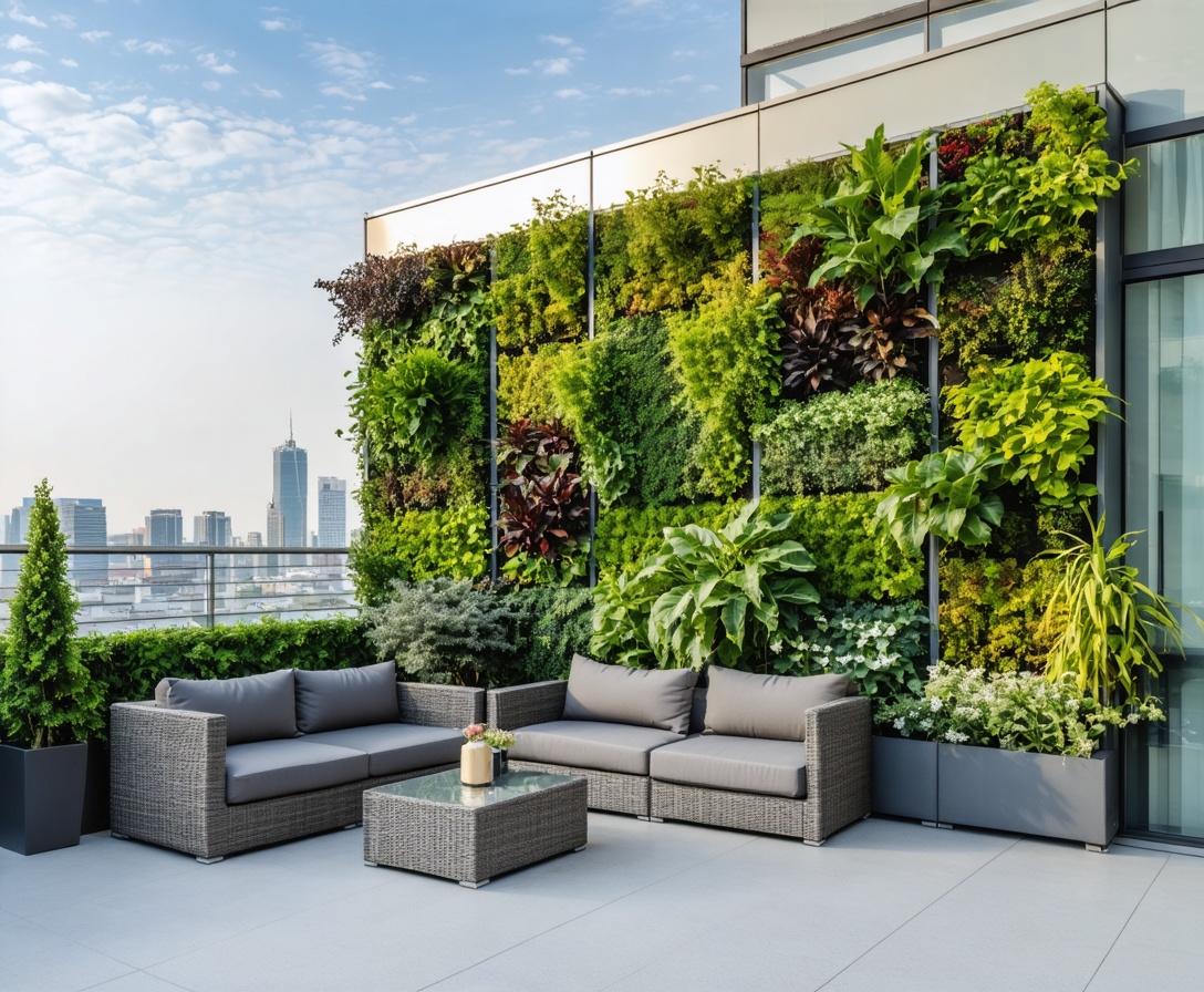 Стена с вертикальным садом на современной террасе с мебелью